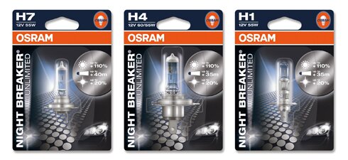 Podstawowe wersje żarówek reflektorów głównych H1, H4, H7 OSRAM NIGHT BREAKER UNLIMITED.